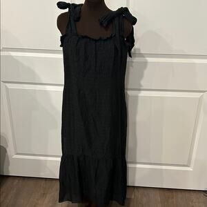 Marie Oliver Maya Women’s Black Midi Dress Linen Silk Blend Bow Straps Size Med